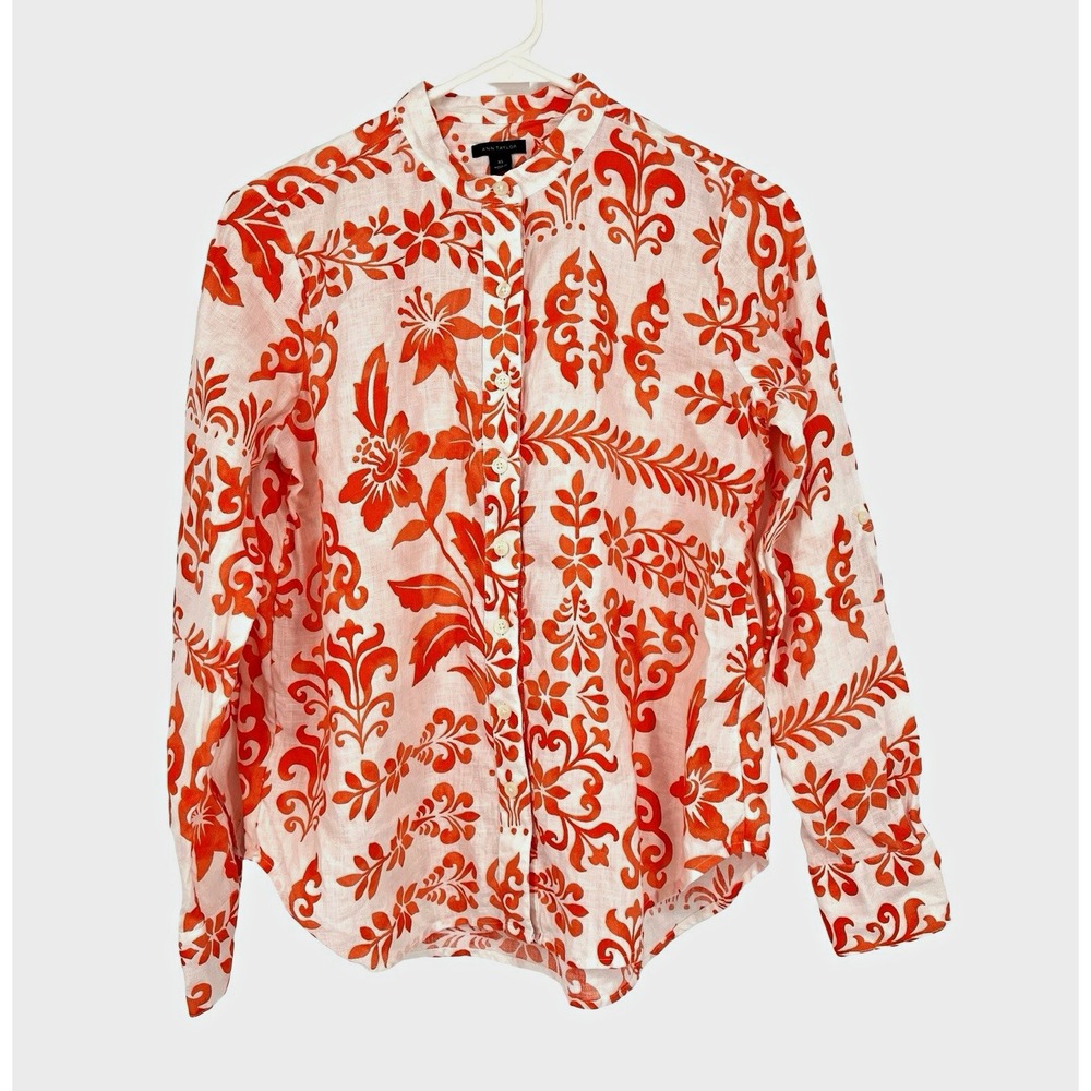 Ann Taylor Womens XS 100% Linen Orange White Floral Button Down Blouse